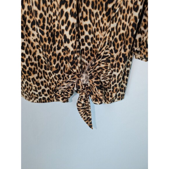 Worthington Blouse 1X Women's Brown Leopard Print Vneck Knot Tie Hem 3/4 Sleeve - Picture 4 of 8